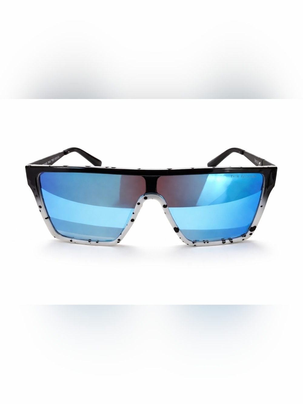 True Religion Shield Sunglasses Blue Mirrored Lens Black White Speckle UV400.